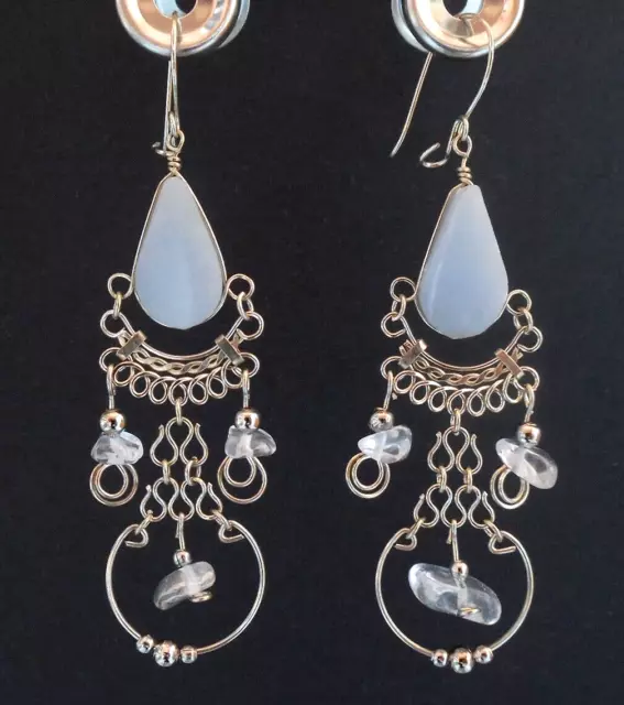 ETHEREAL KNIT Angelite Crystal Quartz Boho Gypsy Peruvian Chandelier Earrings