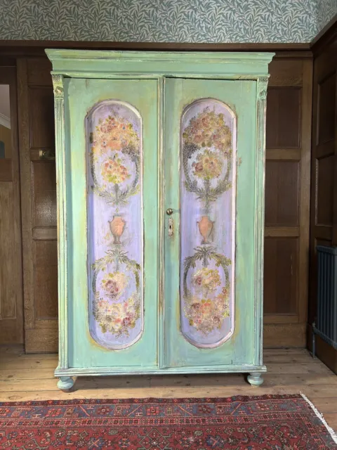 Vintage French painted Pine Armoire/Wardrobe With Inlaid Panels