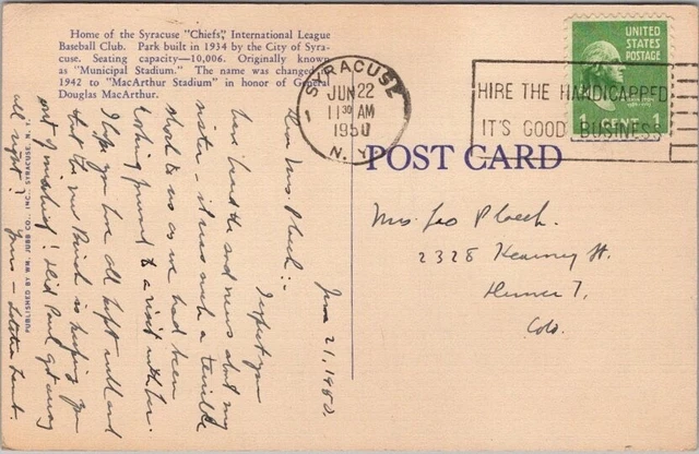 Vintage 1940s SYRACUSE New York Linen Postcard MacARTHUR STADIUM Chiefs Baseball 2