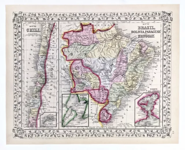 1867 South America Map ORIGINAL Brazil Bolivia Paraguay Uruguay Rio De Janeiro