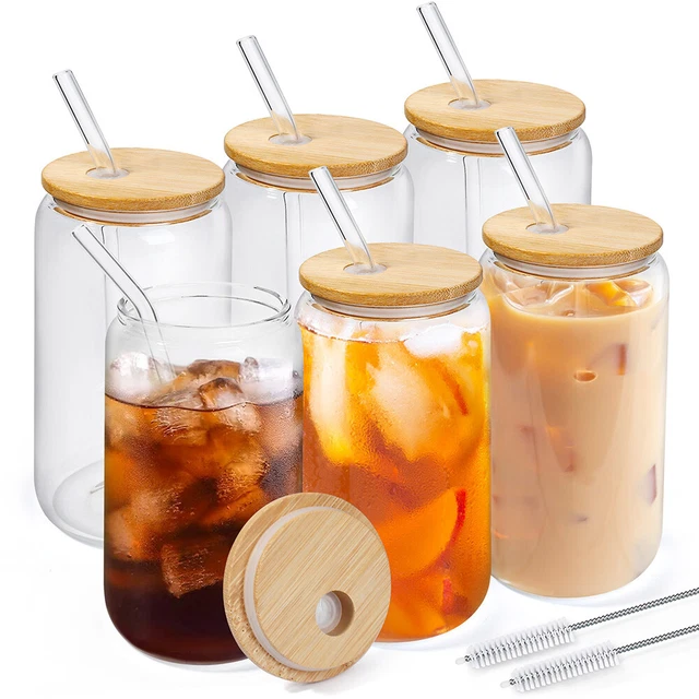 6x Glass Cups with Bamboo Lids Glass Straw Beer Can Drinking Glasses Tumbler Cup