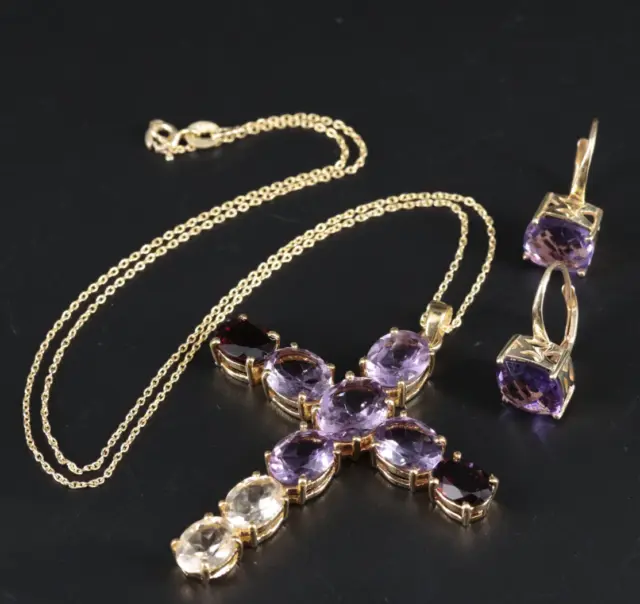 Sterling Silver Cross Necklace and Earring Set - Amethyst, Citrine and Garnet