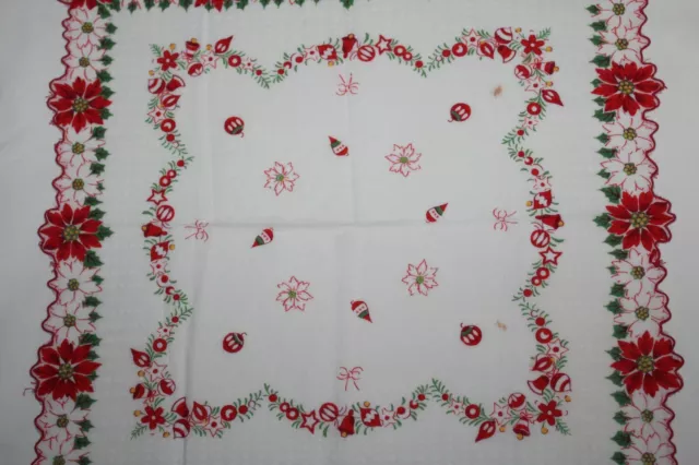 Vintage Hanky Handkerchief ~ Christmas Poinsettias Ornaments and Bells Design 3