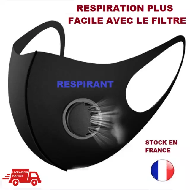 ❤ Lot x2 Masque de Protection FILTRE Respirant Tissu Lavable Réutilisable Noir.