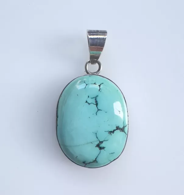 Vintage Native American Sterling Silver Large Chunky Turquoise Pendant 1.75" 2