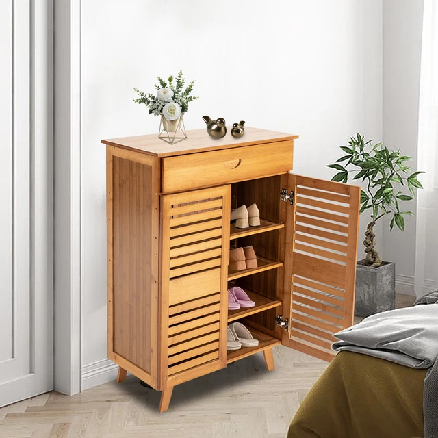 BAMBOO SHUTTER DOOR Boots Shelf 4-Tier Shoe Cabinet Kitchen Storage ...