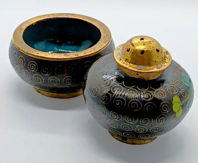 Chinese Cloisonne Salt-Pepper Shaker & Salt Cellar Delicate Flower Design (CCBlk