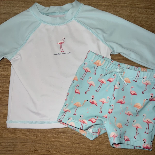 janie and jack baby boys size 6-12 months rash guard & bottoms flamingos