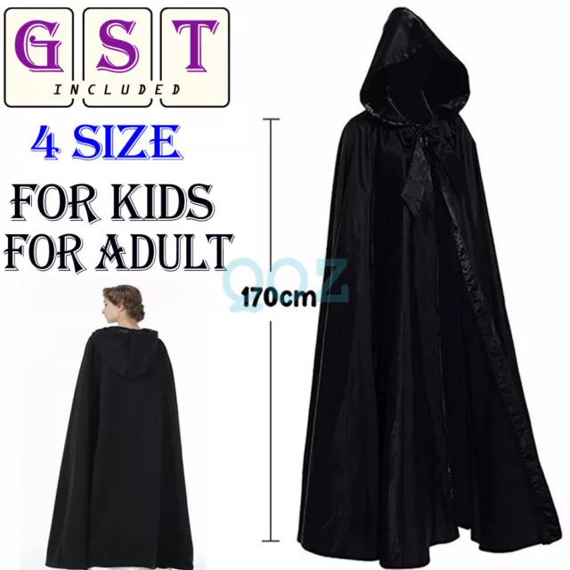 Adult Kids Black Hooded Cape Robe Cloak Vampire Witch Wizard Halloween Costume