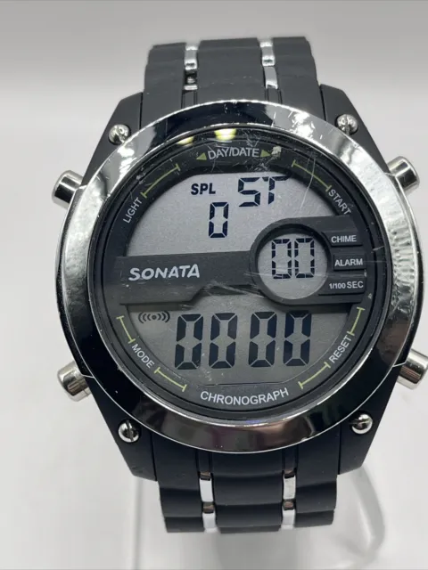 Sonata Men's Digital Watch Black Resin Band Chronograph- New Battery
