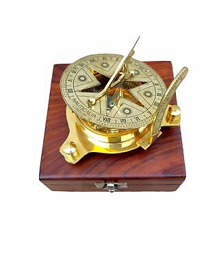 4" Antique Sundial Compass W/ Wooden Box Maritime Vintage Compass Sun Clock