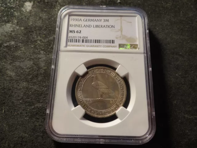 1930-A NGC MS-62 Germany Weimar Rhineland Three 3 Marks Silver NYX