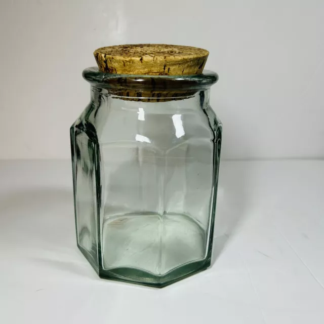 Vintage Retro Clear Recycled Glass Storage Jar with Cork Lid Made in Spain 6”