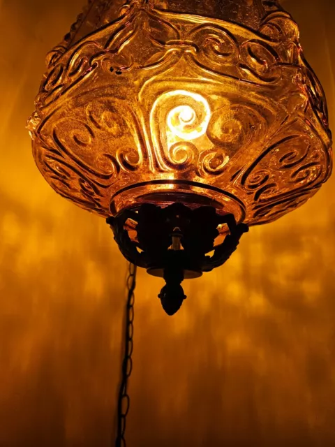 Vtg Swag Lamp Amber Swirl Large Hanging Light Glass  Pendant Mid Century Rewired 3