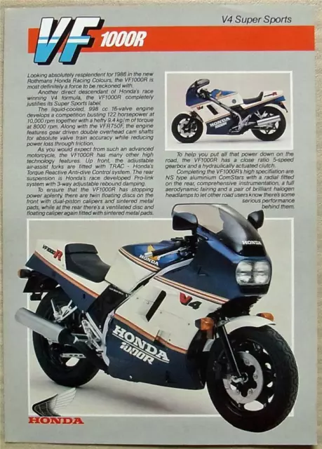 HONDA VF1000R V4 SUPER SPORTS MOTORCYCLE Sales Specification Leaflet March 1986