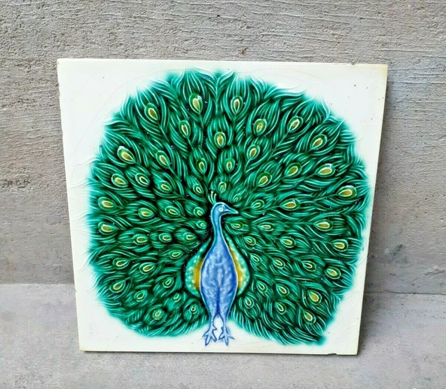 Rare Old Ceramic Tile Peacock Porcelain Vintage Art Made Japan Unique Flag Mark