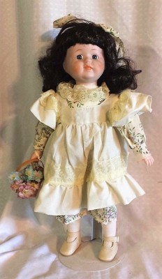 Porcelain Doll Brunette Ivory Dress Floral Trim Flower Basket 16 In