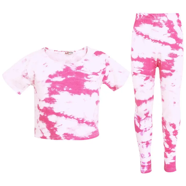 Kids Girls Crop Top & Legging Neon Pink Tie Dye Print Summer Outfit Sets 5-13 Yr