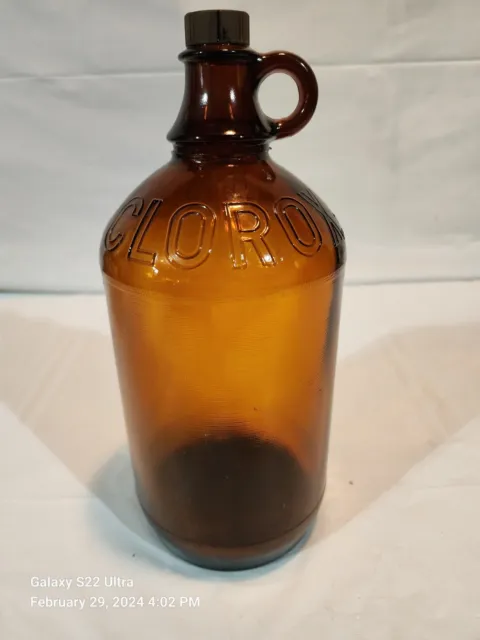 Vintage Half Gallon Brown Embossed Glass Clorox Bottle With Cap And Finger Hole