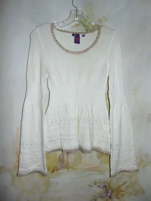 Womens SPLIT Brand Long Bell Sleeve Pullover Sweater Size Medium Ivory BOHO Top