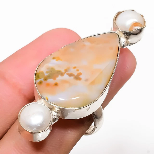 Ocean Jasper, Pearl Gemstone Handmade 925 Sterling Silver Jewelry Ring Size 6.5