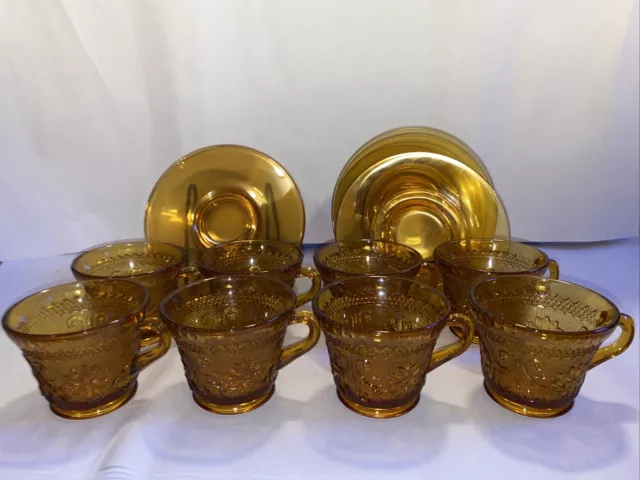 Amber Gold Tiara Indiana Coffee Tea Cup and Saucer Sandwich Glass - Set of 8