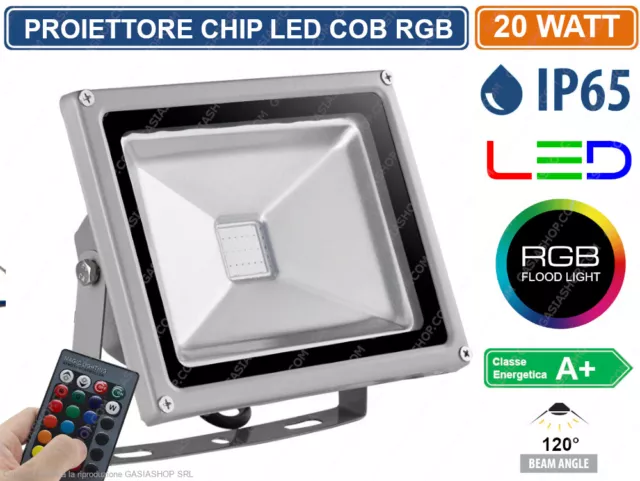 Faro Proiettore Led 20W Rgb Multicolore Da Esterno Ip65 Telecomando Infrarossi