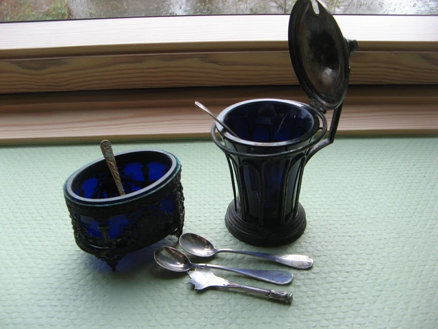 Ancien Moutardier Et Saleron – Argent Et Verre Bleu – Style Empire