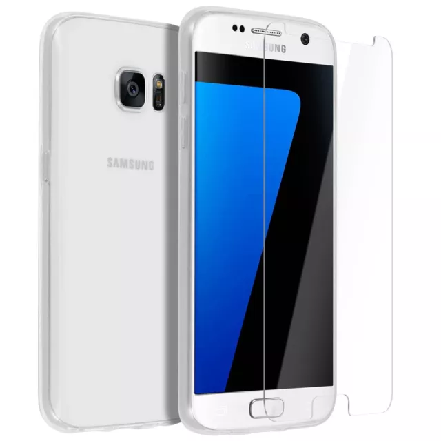 For SAMSUNG GALAXY S7 TEMPERED GLASS SCREEN PROTECTOR + CLEAR SILICONE TPU CASE