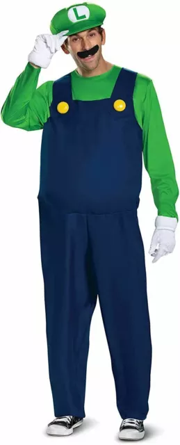 Adult Deluxe Super Mario Bros Luigi Green Plumber Fancy Dress Costume Nintendo