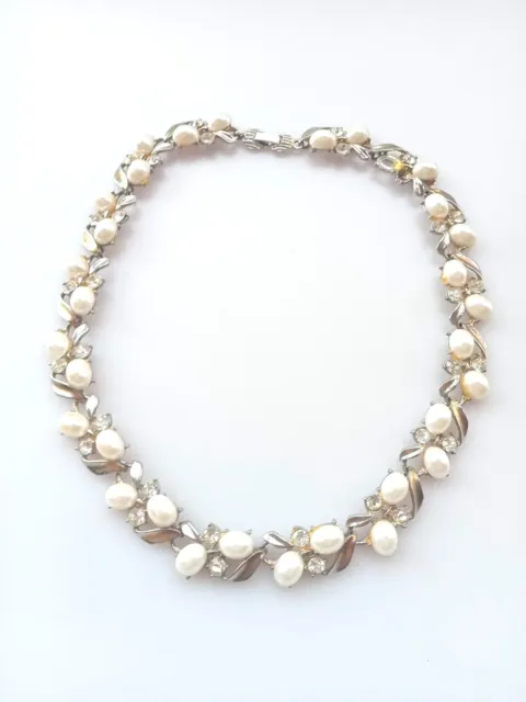 Vintage Gold Coloured Necklace With Faux Pearls And Rhinestone