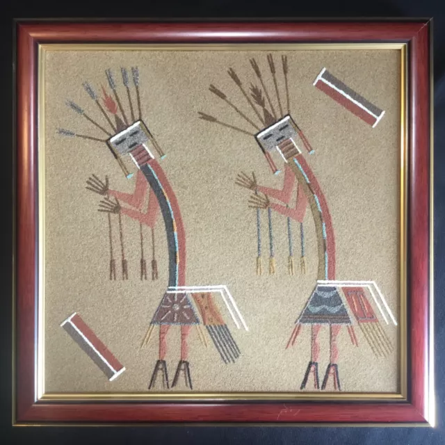 Vintage Native American Navajo Sand Painting of Two People Signed Harry Begay