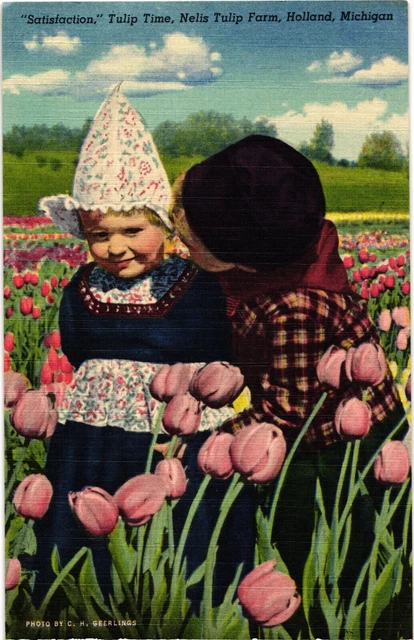 Tulip Field Kids Nelis Tulip Farm Holland Michigan Linen Postcard Unused c1930s