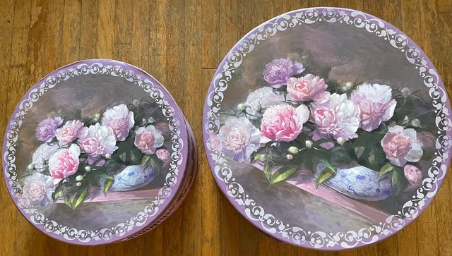 2  Beautiful Round Hat/Storage Boxes- Lavender & Pink Peonies, 12” & 15” Round