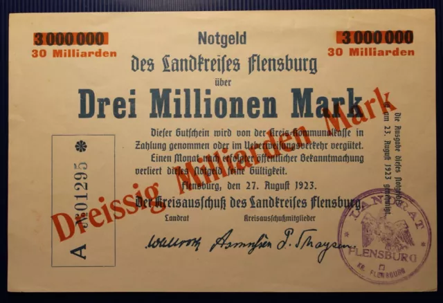 Landkreises Flensburg: 30 Milliarden Mark Auf  Drei Millionen Mark, 1923