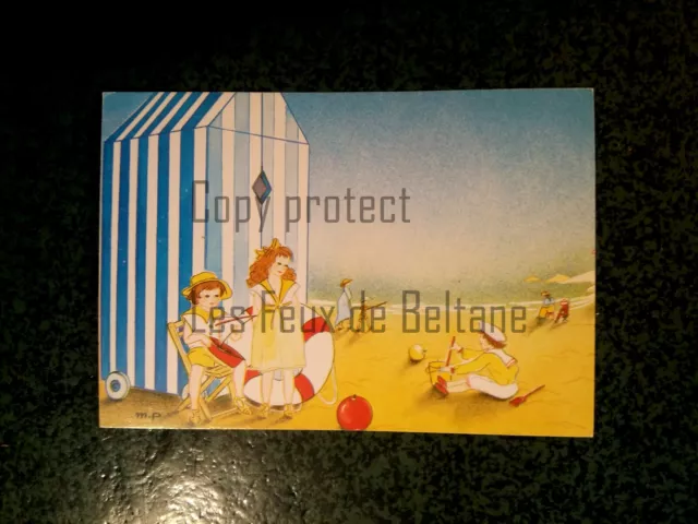 CHILDREN ON BEACH naive paint enfants plage illustrateur  carte postale postcard