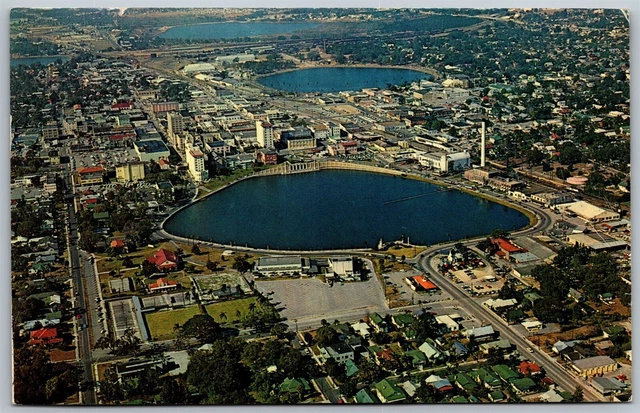 Vtg Lakeland Florida FL Aerial View City Mirror Lake Downtown 1960s Postcard