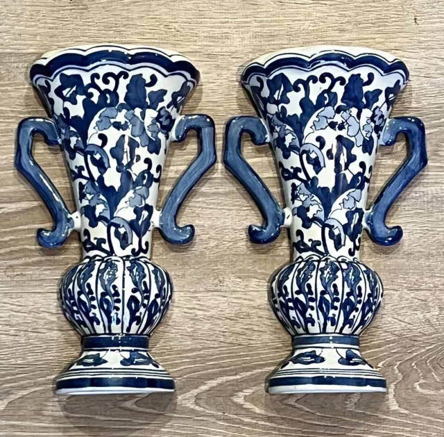 Large Pair Of Silvestri Blue & White Porcelain Hanging Wall Pocket Vases Vintage