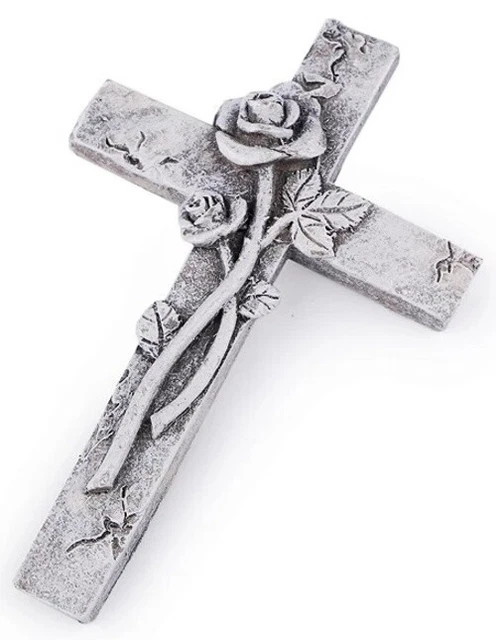 Kreuz mit Rose und Ranke Trauer Stein Trauerkreuz für Grabgesteck Grabschmuck Kreuz mit Rose und Ranke Trauer Stein Trauerkreuz für Grabgesteck Grabschmuck