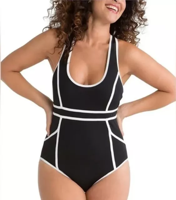 Spanx Racerback One-Piece Slimming Swimsuit Black Thin Stripe Size US 12/UK 16