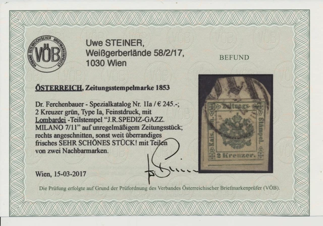 LOMBARDEI-VENETIEN 1853 Zeitungsstempelmarke 2kr, grün! FEINSTDRUCK! MILANO VÖB