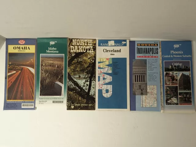 USA Road Maps  Lot Of 6 Old Phoenix Indianapolis Cleveland N. Dakota Idaho Omaha