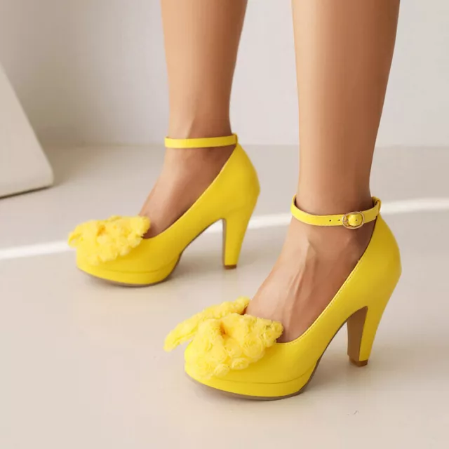 Womens Plus Size Bowtie Mary Jane Block Heel Ankle Strap Shoes Party Dress Pumps