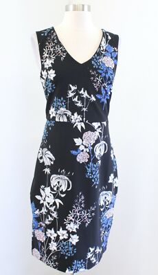 Banana Republic Black Blue White Floral Print V Neck Sheath Dress Size 2 Career