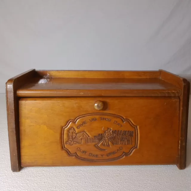 Vintage Carved Wood Bread Box Give Us This Day Our Daily Bread 16" X 8”x7.5"