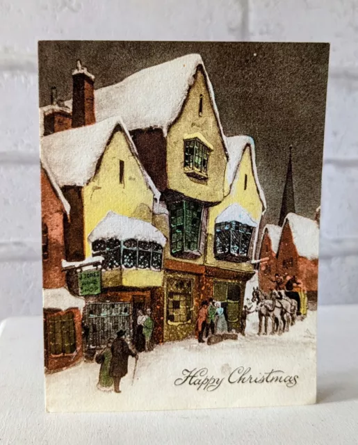 Vintage Thatched Cottages Snow Horse Carriage Christmas Greeting Card (EB4189)