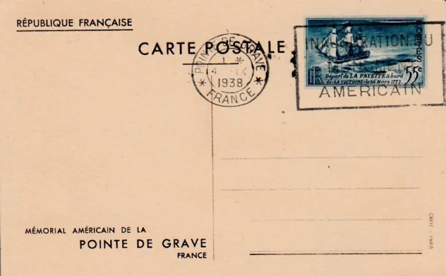 Entier Postal Memorial Americain Pointe De Grave 1938