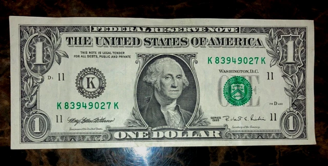 US Currency Rare Fancy 1995 $1 Dollar 83949027 Serial Number Nice Vintage Note