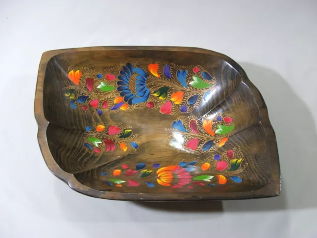 Vintage 1980's Hand Painted Floral Wooden Lacquered 18" Long Center Fruit Bowl 2