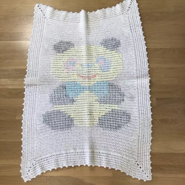 Vintage Baby Blanket Panda Bear Hand Crocheted Pastel 26 x 35 3